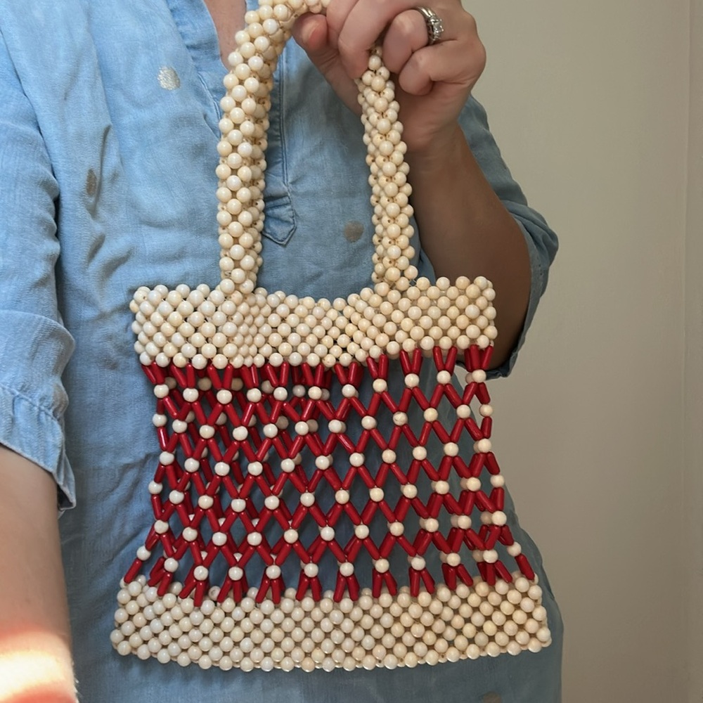 Vintage Style Beaded Bag - Top Handke Beads Ivory and Red Purse Forever 21 Boho